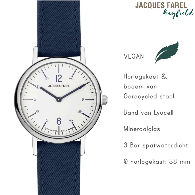 JACQUES FAREL hayfield - Duurzaam horloge - Vegan - Gerecycled staal - Blauw - ORS 5555