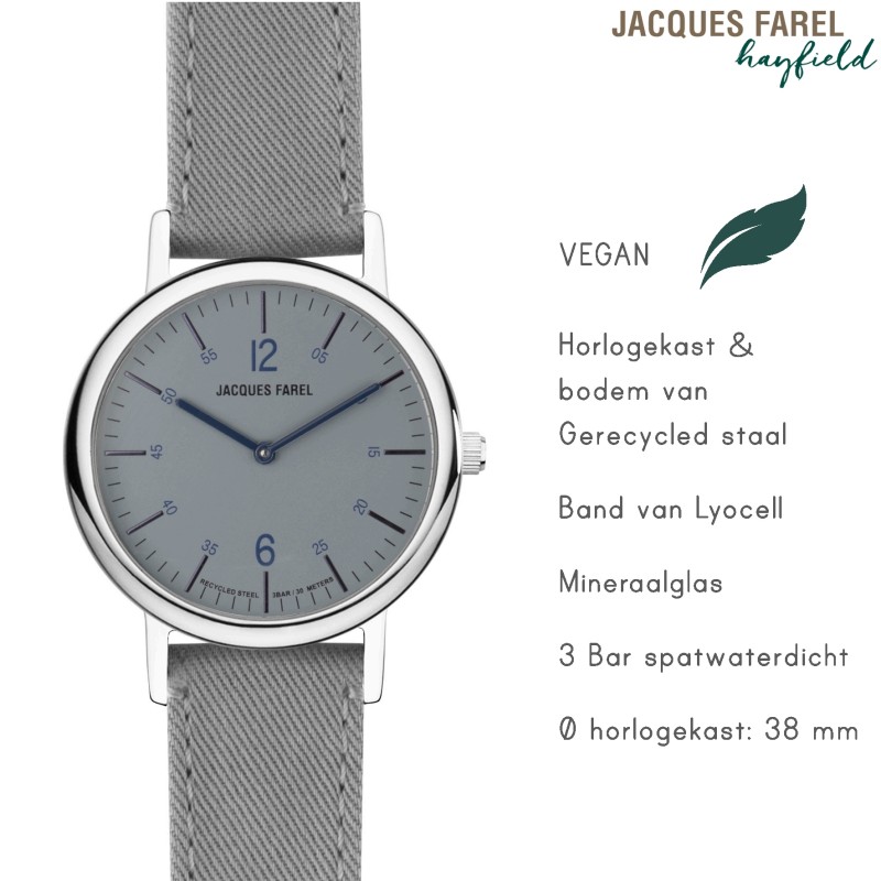 JACQUES FAREL hayfield - Duurzaam horloge - Vegan - Gerecycled staal - Grijs - ORS 6644
