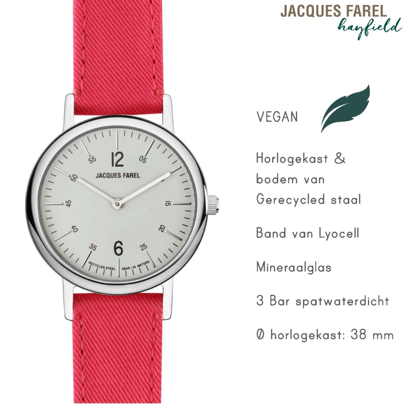 JACQUES FAREL Hayfield - Duurzaam Horloge - Vegan - Gerecycled Staal - Rood - 38mm