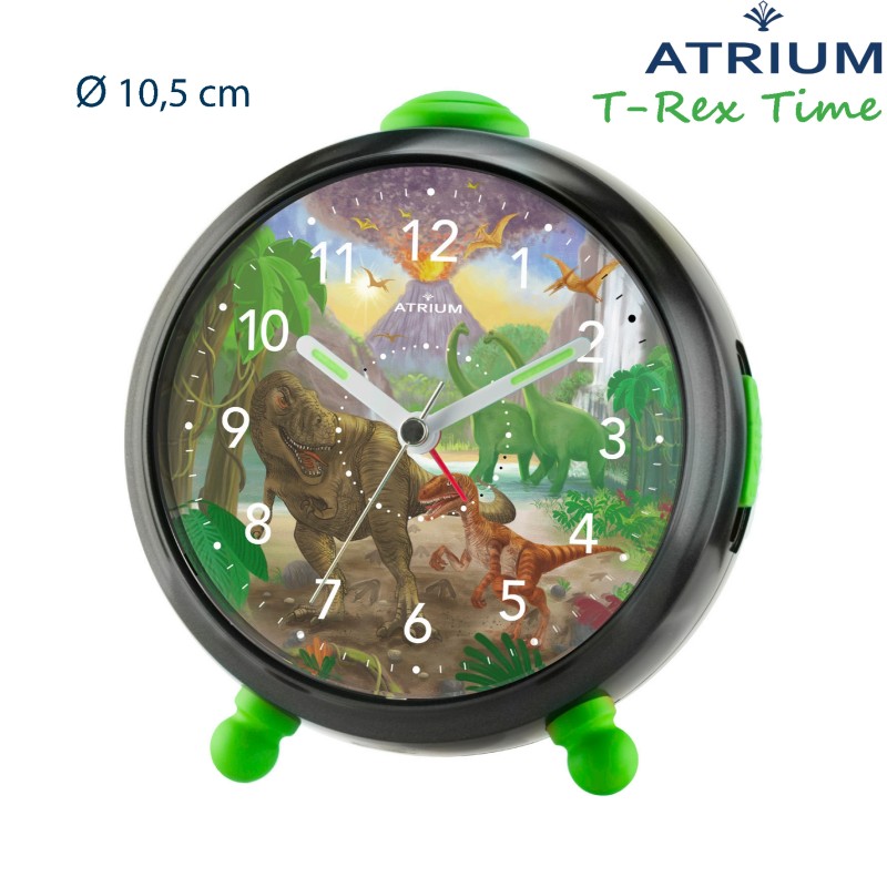 ATRIUM Children's Alarm Clock - T-Rex Dino - Green Black - No ticking sound - Uplifting Beep Tone - Alarm - Snooze