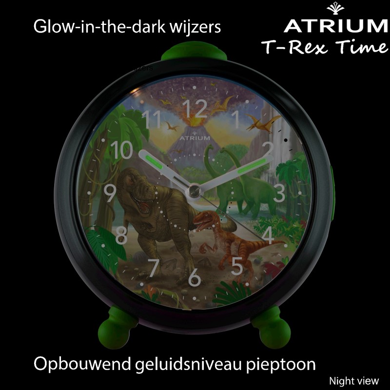 ATRIUM Kinderwekker - T-Rex Dino - Groen Zwart - Wekker Zonder Tikgeluid - Opbouwende Pieptoon - Alarm - Snooze