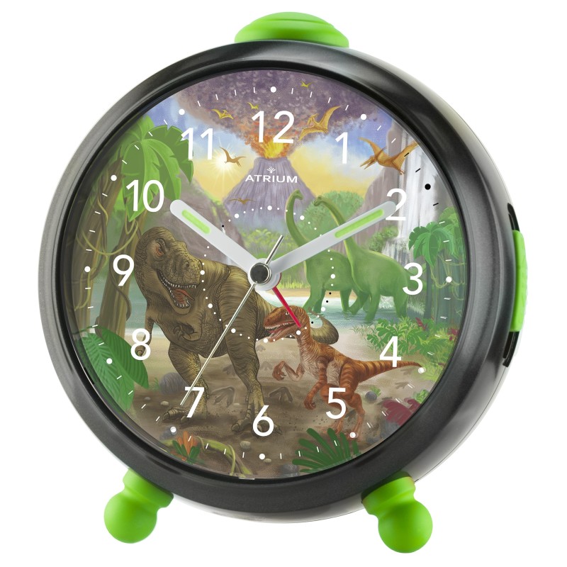 ATRIUM Kinderwekker - T-Rex Dino - Groen Zwart - Wekker Zonder Tikgeluid - Opbouwende Pieptoon - Alarm - Snooze