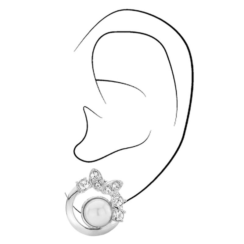 Traveller Clip Oorbellen - Zilverkleurig - Parels - 8mm - Wit - Kristallen - Geplatineerd - 20x20 mm