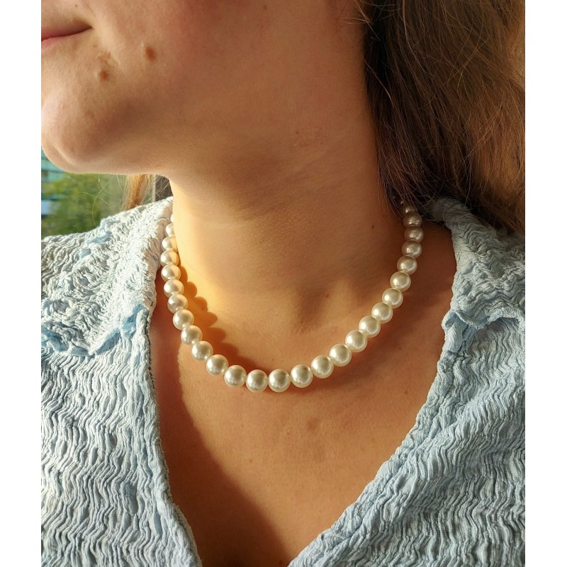 Traveller Necklace - Pearls - White - 10 mm - 42 cm - Platinum Plated