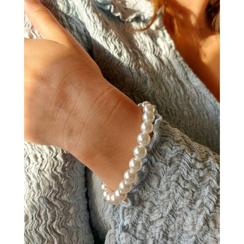 Traveller Perl-Armband - Perlen - Weiss - 8 mm - Silberfarben - Platiniert - 18+3 cm