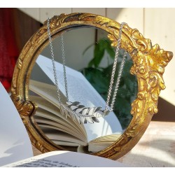 Traveller Necklace with Pendant - Stainless Steel - Twig with Leaves - Crystals - 46cm