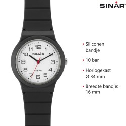 SINAR Horloge - Zwart - Analoog - 34 mm - 10 Bar - Verstelbaar Bandje 13-18 cm
