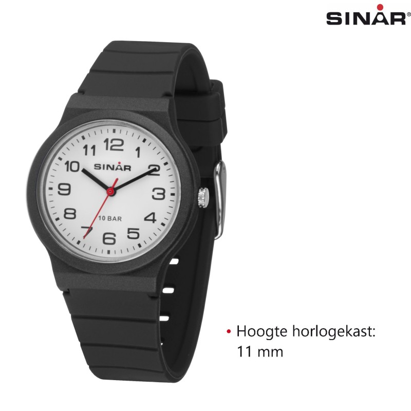 SINAR Horloge - Zwart - Analoog - 34 mm - 10 Bar - Verstelbaar Bandje 13-18 cm