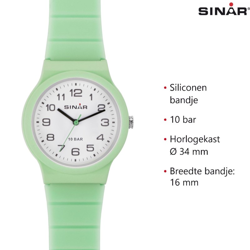 SINAR Horloge - Mint - Analoog - 34 mm - 10 Bar - Verstelbaar Bandje 13-18 cm