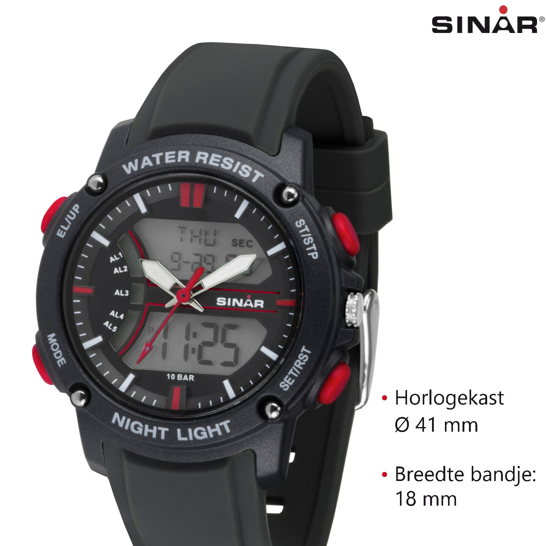 cm Horloge - Zwart/Rood 14,5-21 XW-27-1 - 41 SINAR - mm - Analoog