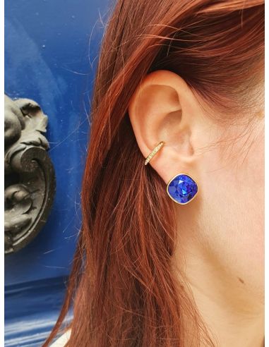 Traveller Clip Oorbellen - Verguld - Swarovski Kristallen - Majestic Blue - 15x15 mm