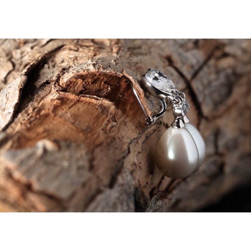 Traveller Ohrclips - Hänger - Tropfen Perle - 15x12 mm - Weiß - Preciosa Kristalle - Platiniert - 32x12 mm