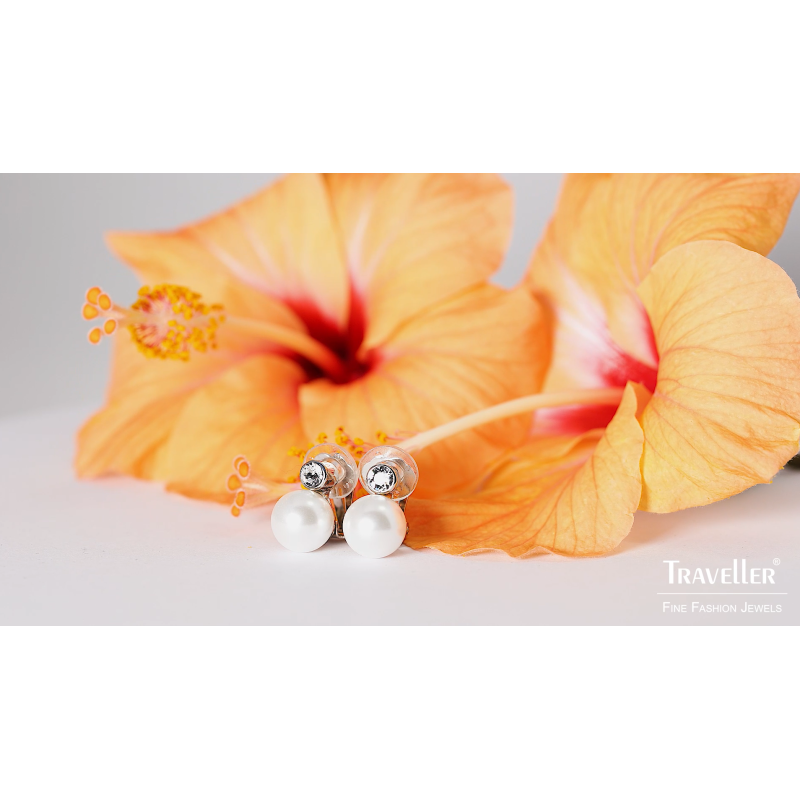 Traveller Clip-on Earrings - Pearls - 10 mm - White - Preciosa Crystals - Platinum plated - 15x10 mm - 113880