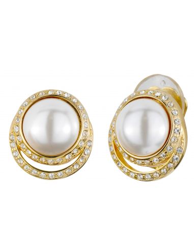 Traveller Clip earrings - Parel - White - Cyrstals - 22ct gold plated - 114239