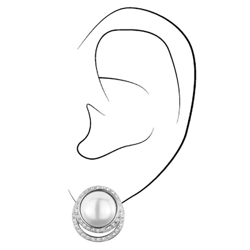 Traveller Ohrclips - Silberfarbe - Perle - 10 mm - Weiß - Preciosa Kristalle - Platiniert - 15x12 mm - 114240