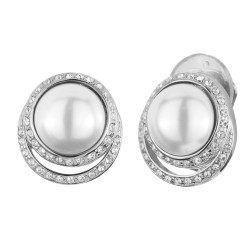 Traveller Ohrclips - Silberfarbe - Perle - 10 mm - Weiß - Preciosa Kristalle - Platiniert - 15x12 mm - 114240