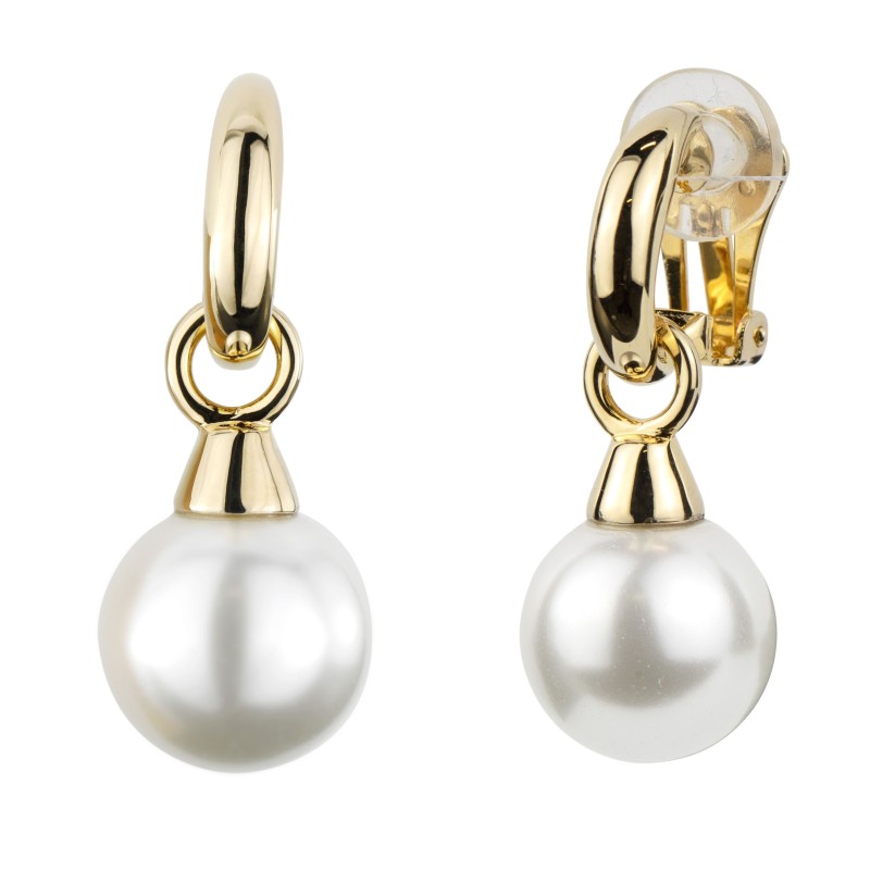 Traveller Ohrclips - Hänger - Goldfarbe - Perle - 14 mm - Weiß - 22kt vergoldet - 35x14 mm - 114242