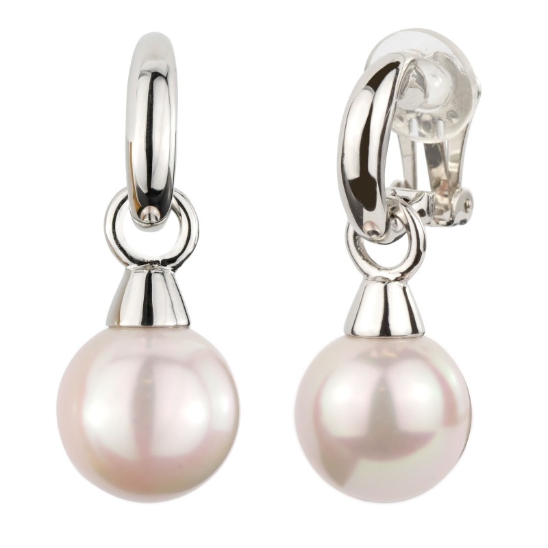 Traveller Drop Clip Earrings - Silver Coloured-  Pearls - 14mm - Rose - Platinum Plated - 35x15mm-  114244