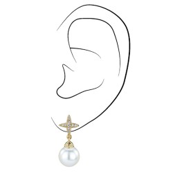 Traveller Drop Earrings - Gold Plated - Cross - Pearls - White - 10mm - Crystals - 25 mm 