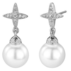 Traveller Oorhanger - Zilverkleurig  - Kruis - Parels - Wit - 10 mm - Kristallen - Geplatineerd - 25mm