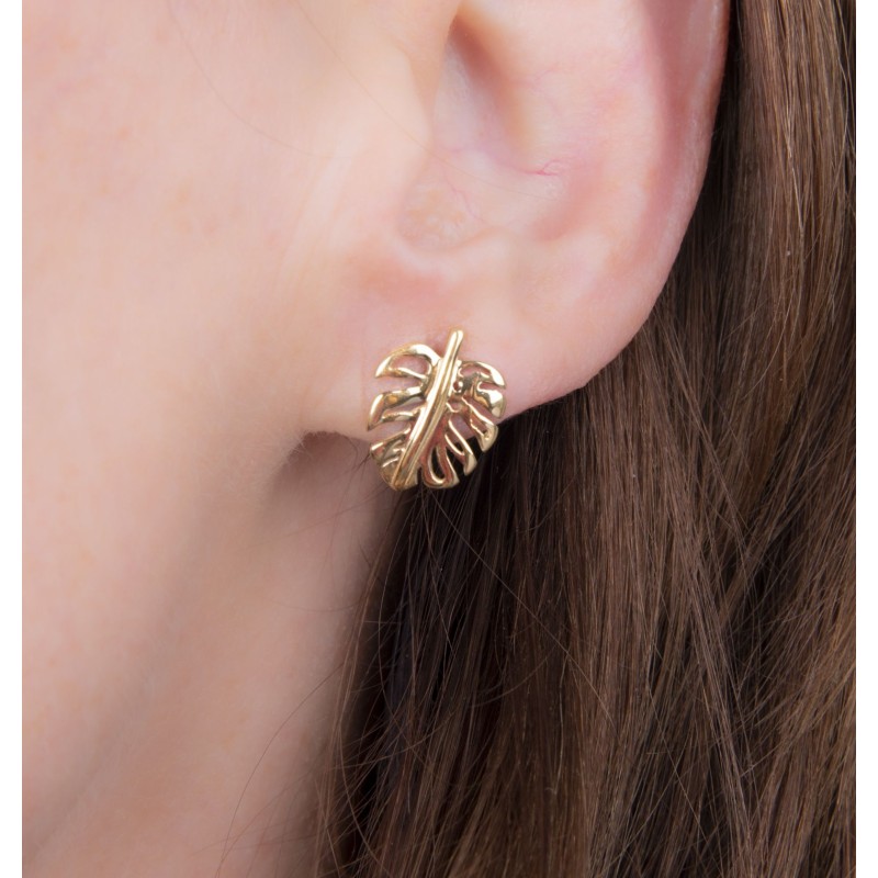 Traveller Pierced earrings - Stainless Steel - Gold Plated - Leaves - 15x11 mm