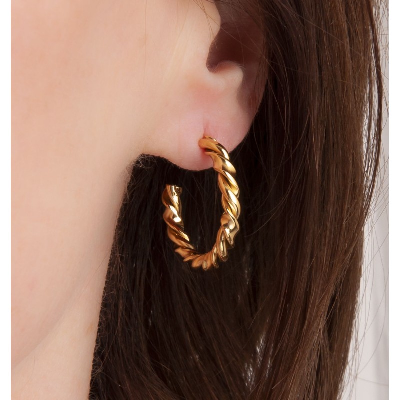 Traveller Hoop Earrings - Gold Coloured - Stainless Steel - Twisted Effect - Gold Plated - 20 mm