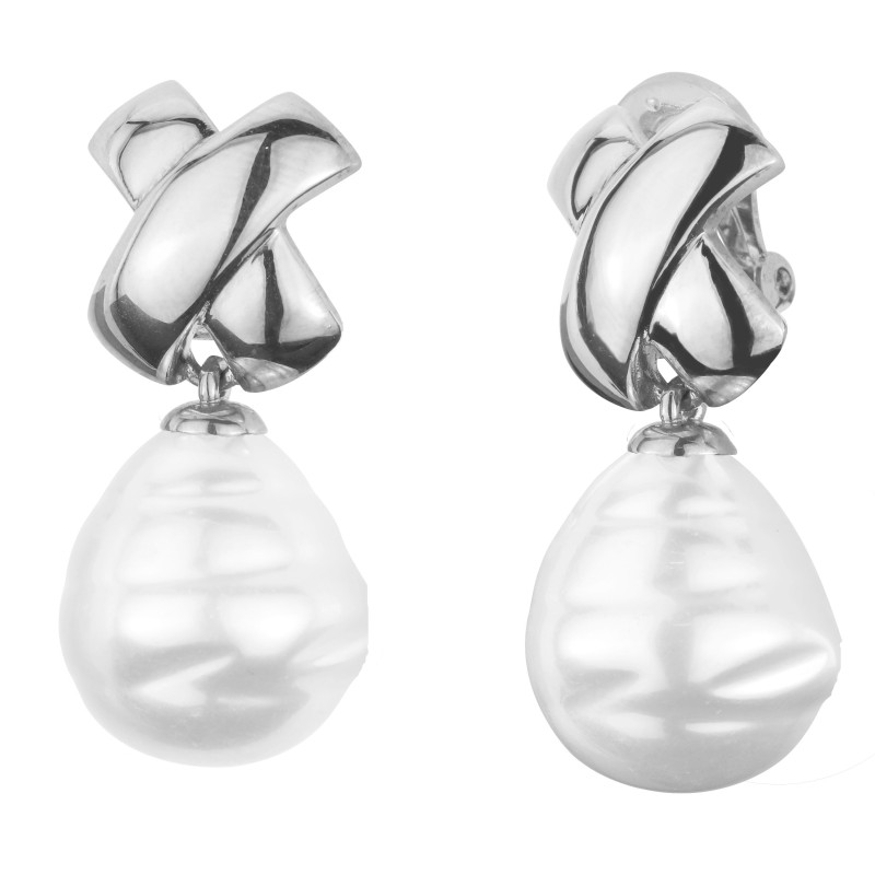 Traveller Drop Clip Earrings - Silver Coloured - Baroque Pearl - 17x20mm - White - Platinum Plated - 40x15mm - 110649
