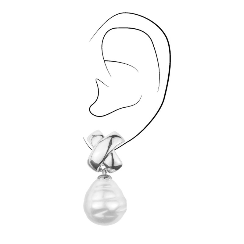 Traveller Drop Clip Earrings - Silver Coloured - Baroque Pearl - 17x20mm - White - Platinum Plated - 40x15mm