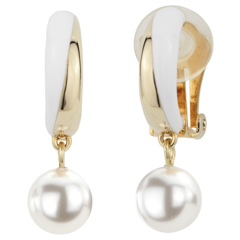 Traveller Drop Clip Earrings - Gold Plated - PEarls - 8mm - White - White Enamel - 27x8 mm - 114248
