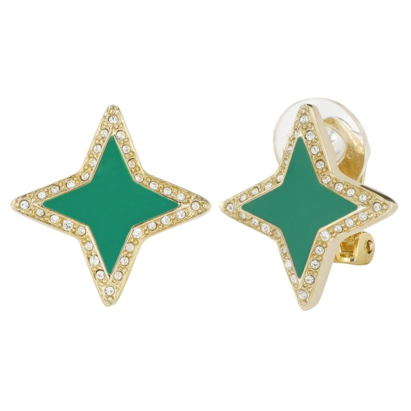 Traveller Clip Oorbellen - Ster - Kristallen - Groen Emaille - Verguld- 20x20mm - 157561