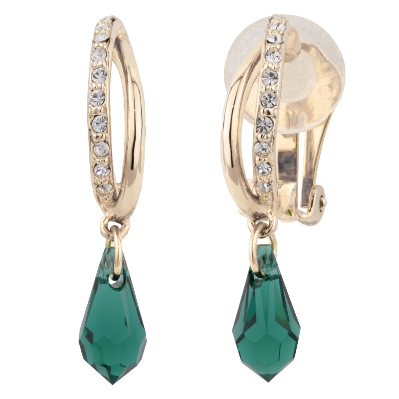 Traveller Drop Clip Earrings - God Plated - Crystals - Teardrop - Green - 30x5 mm - 157567
