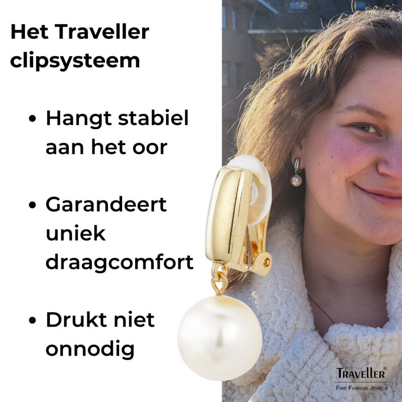 Traveller Clip Oorbellen - Parels - Hangers - 12 mm - Crème - 22kt Verguld - Goudkleurig - 30x12 mm
