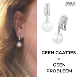 Traveller Clip Oorbellen - Parels - Hangers - 12 mm - Wit - Geplatineerd - Zilverkleurig - 30x12 mm