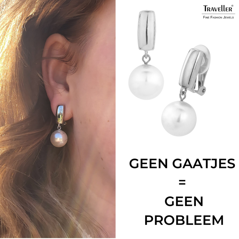 Traveller Clip Oorbellen - Parels - Hangers - 12 mm - Wit - Geplatineerd - Zilverkleurig - 30x12 mm