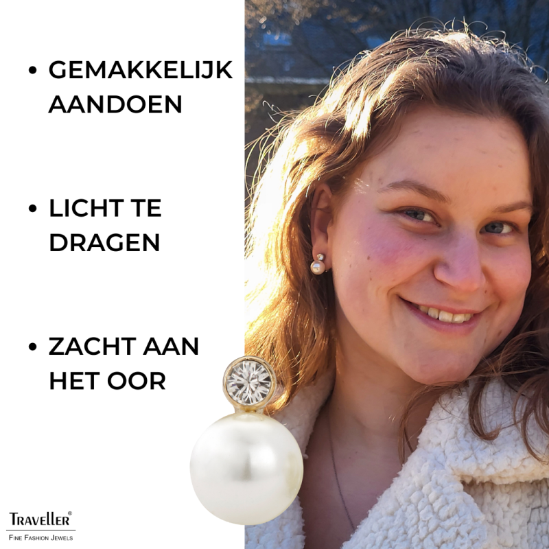 Traveller Clip Oorbellen - Parels - 10 mm - Crème - Preciosa Kristallen - 22kt Verguld - Goudkleurig - 15x10 mm