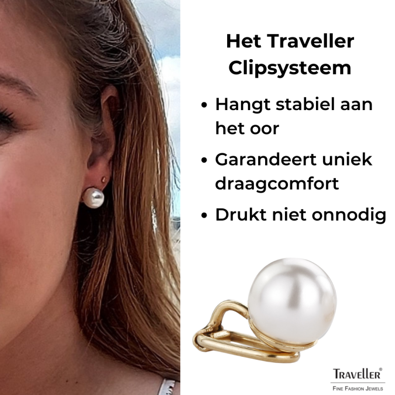 Traveller Clip Oorbellen - Parel - 10 mm - Wit - Verguld - Goudkleurig