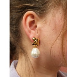 Traveller Clip Oorbellen - Hangers - Verguld - Barok Parel - 17x20mm - Wit - 40x15mm