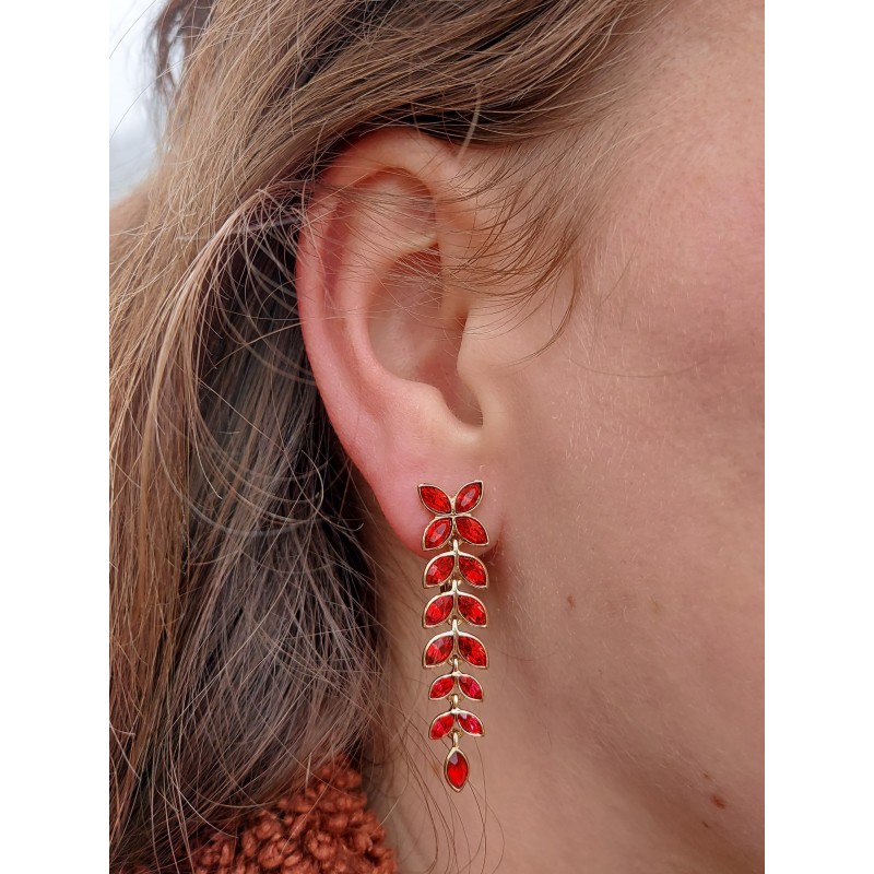 Grossé Clip-on Earrings - Pendants - Gold Coloured - Crystals - Red - 40x10 mm - Gold Plated - GA61549
