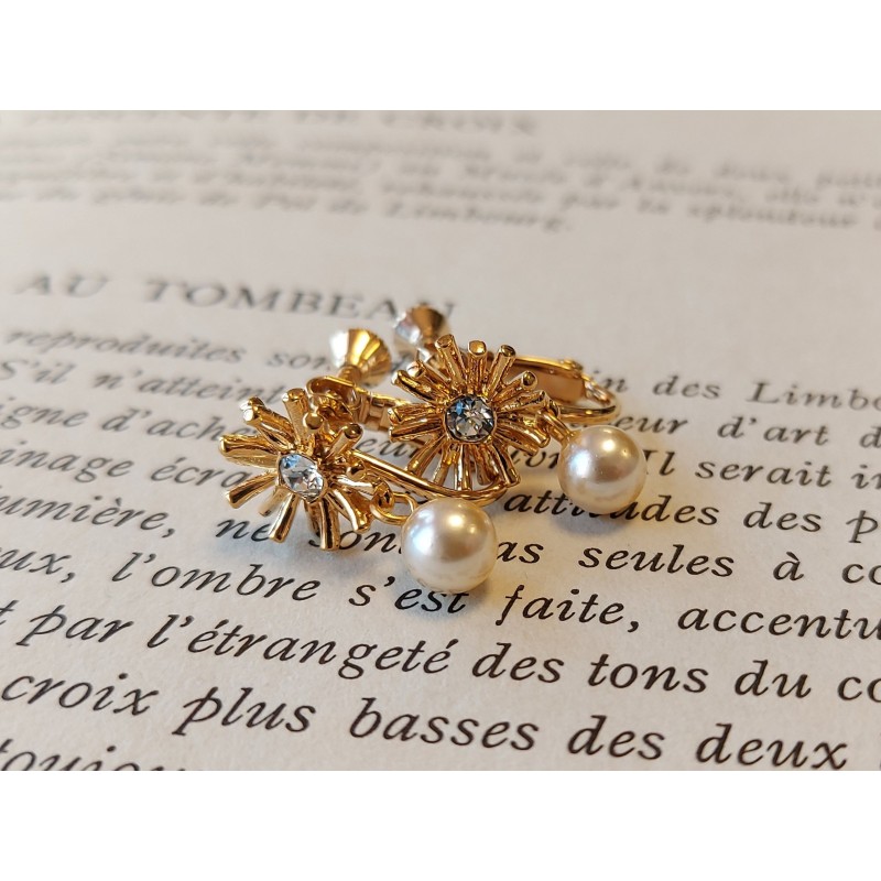 Grossé Oorclips - Hangend - Goudkleurig - Parel - Wit - Kristal - 20x10 mm - Verguld