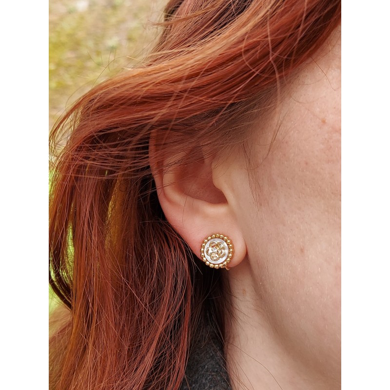 Grossé Clip-on Earrings - Medallion - Gold Coloured - Crystal - Mother of Pearl - 13 mm - Gold Plated