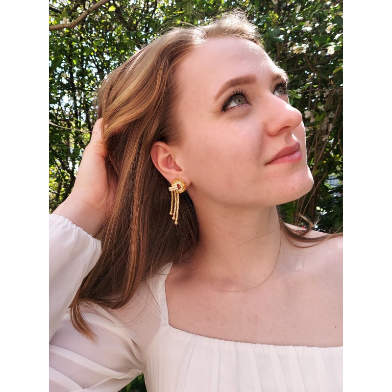 Grossé Clip-on Earrings - Pendants - Tourbillon - Gold Coloured - Crystals - 50x20mm - Gold Plated