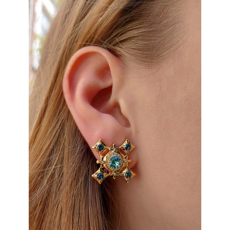 Grossé Oorclips - Dynasty - Goudkleurig - Kristal - Blauw - 20x20 mm - Verguld - GJ64325