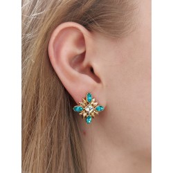 Grossé Clip-on Earrings - Athene - Gold Coloured - Rhinestone Tuquoise - 20x20mm - Gold plated