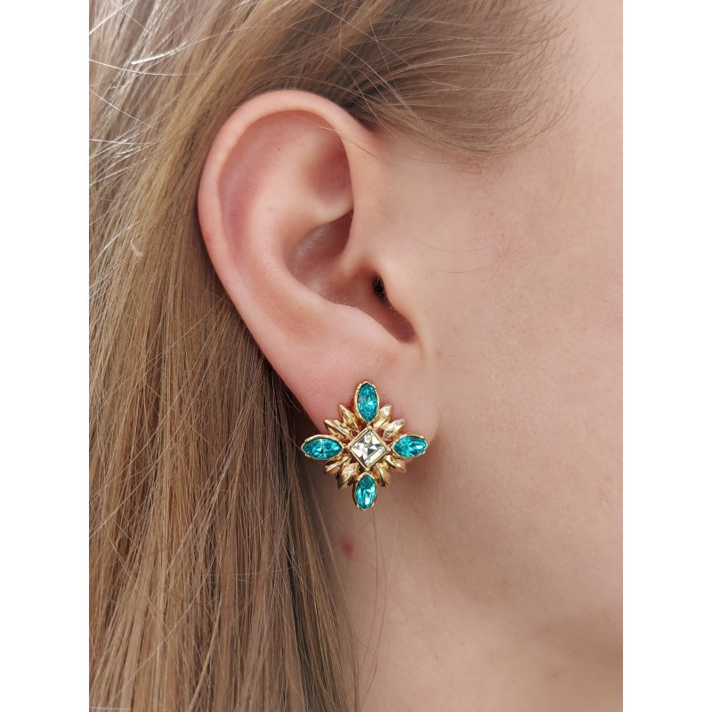 Grossé Ohrclips - Athene - Goldfarbe - Rhinestone - Türkis - 20x20 mm - Vergoldet - GA61453
