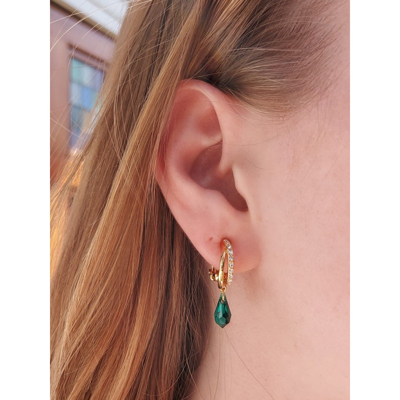 Traveller Drop Clip Earrings - God Plated - Crystals - Teardrop - Green - 30x5 mm - 157567
