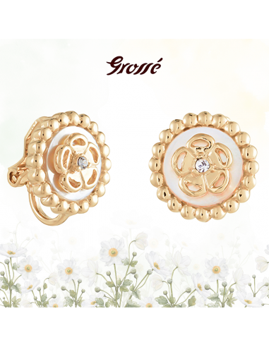 Grossé Clip-on Earrings - Medallion - Gold Coloured - Crystal - Mother of Pearl - 13 mm - Gold Plated