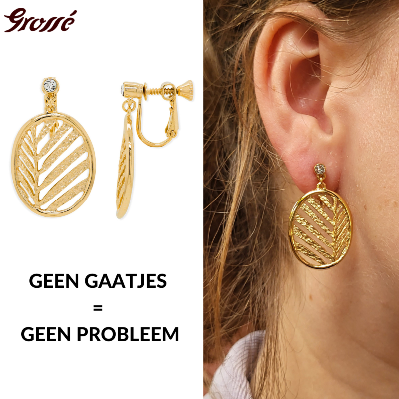 Grossé Oorclips - Foglia - Goudkleurig - Kristallen - Verguld - Blad - 32x20 mm