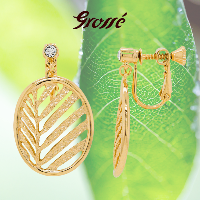 Grossé Clip-on Earrings - Foglia - Gold Plated - Crystals - Leave - 32x20 mm