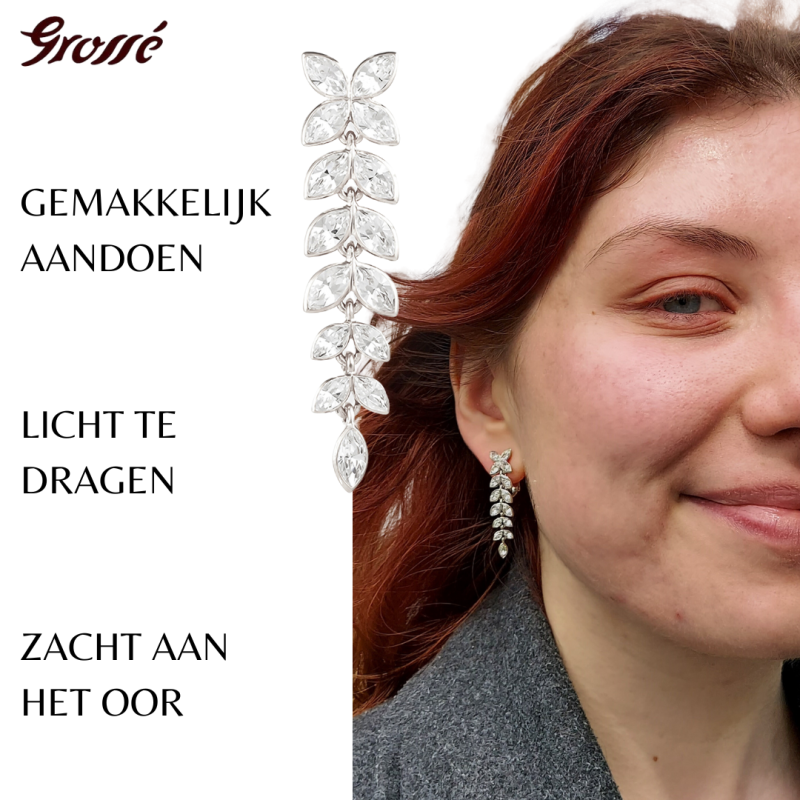 Grossé Oorclips - Hangend - Zilverkleurig - Kristal - 40x10 mm - Geplatineerd