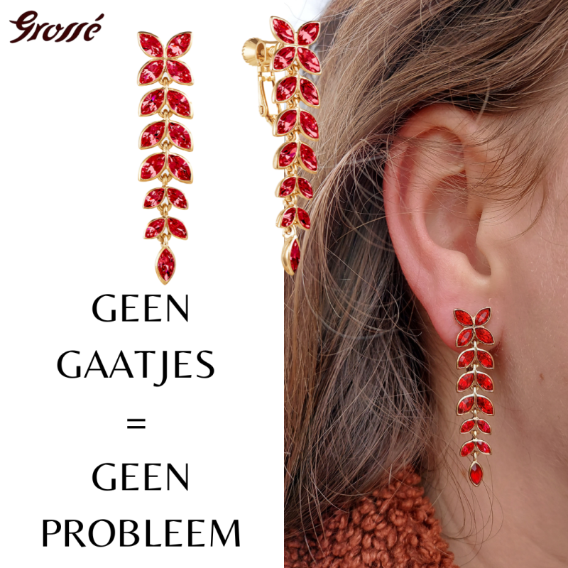 Grossé Oorclips - Hangend - Goudkleurig - Kristal - Rood - 40x10mm - Verguld - GA61549